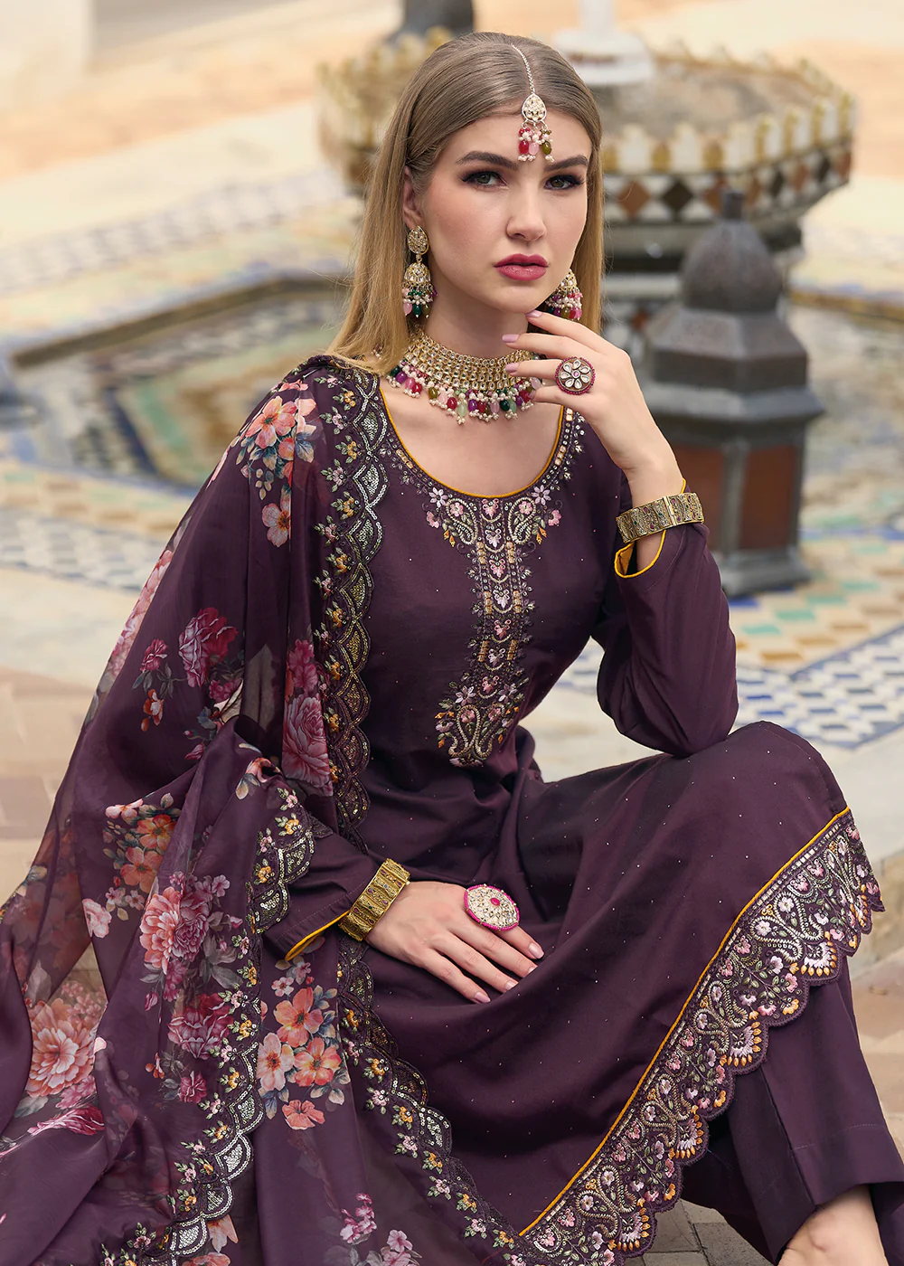 Viscose Silk Plum Purple Pakistani Pant Style Salwar Suit - Image 2