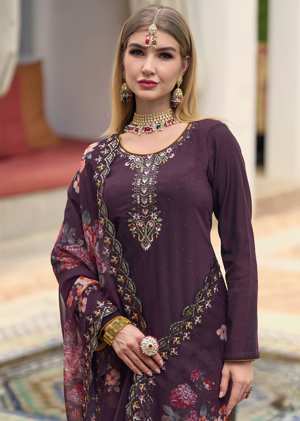 Viscose Silk Plum Purple Pakistani Pant Style Salwar Suit - Image 4