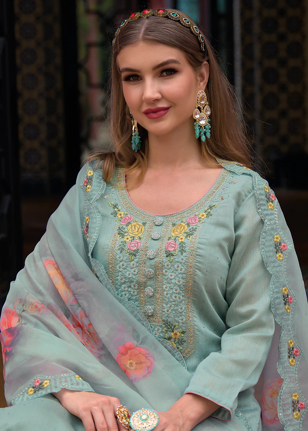 Viscose Silk Pretty Aqua Blue Wedding Festive Salwar Kameez - Image 2