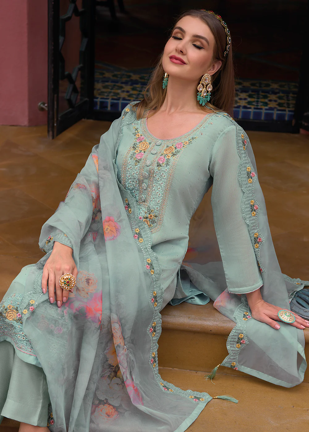 Viscose Silk Pretty Aqua Blue Wedding Festive Salwar Kameez - Image 3