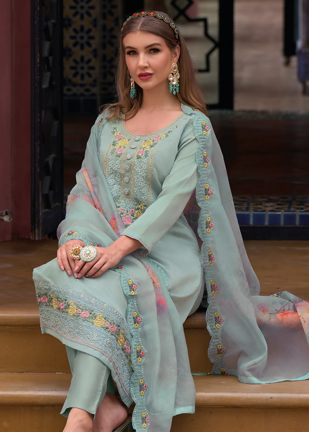 Viscose Silk Pretty Aqua Blue Wedding Festive Salwar Kameez - Image 4