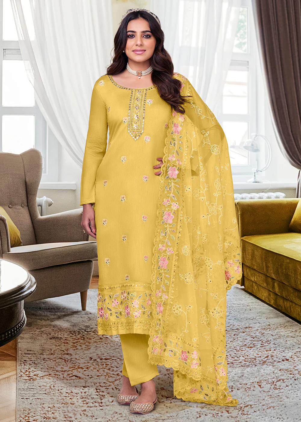 Viscose Silk Stunning Yellow Embroidered Salwar Kameez - Image 3