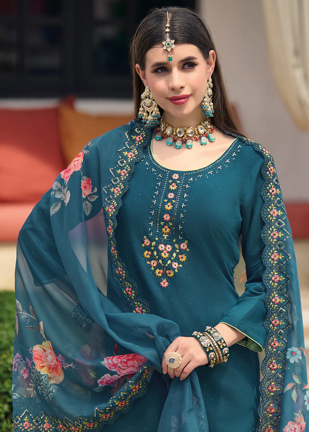 Viscose Silk Teal Blue Pakistani Pant Style Salwar Suit - Image 2
