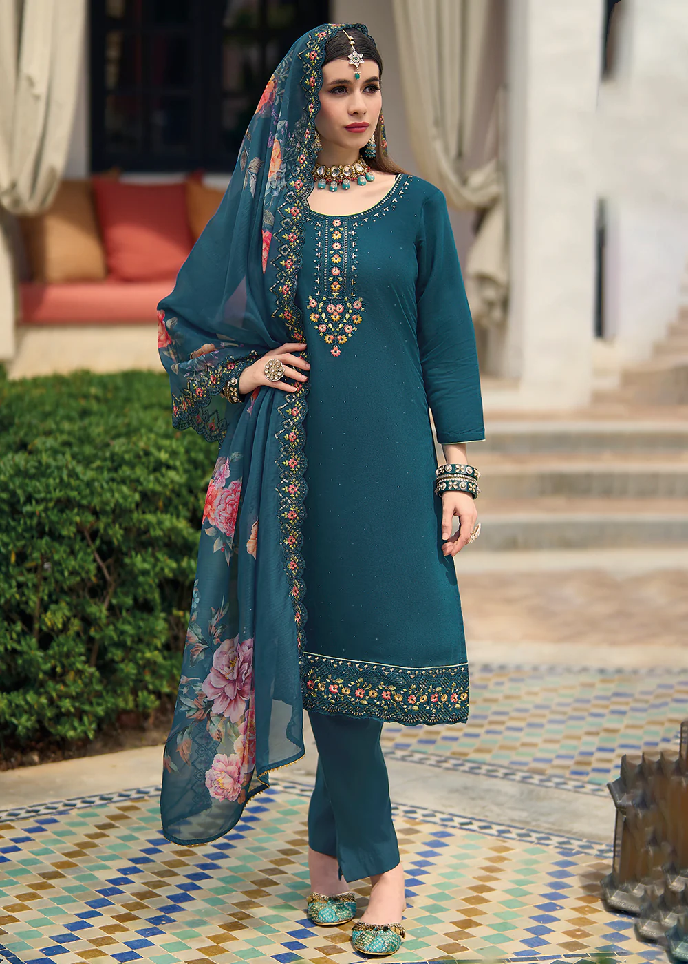 Viscose Silk Teal Blue Pakistani Pant Style Salwar Suit - Image 3