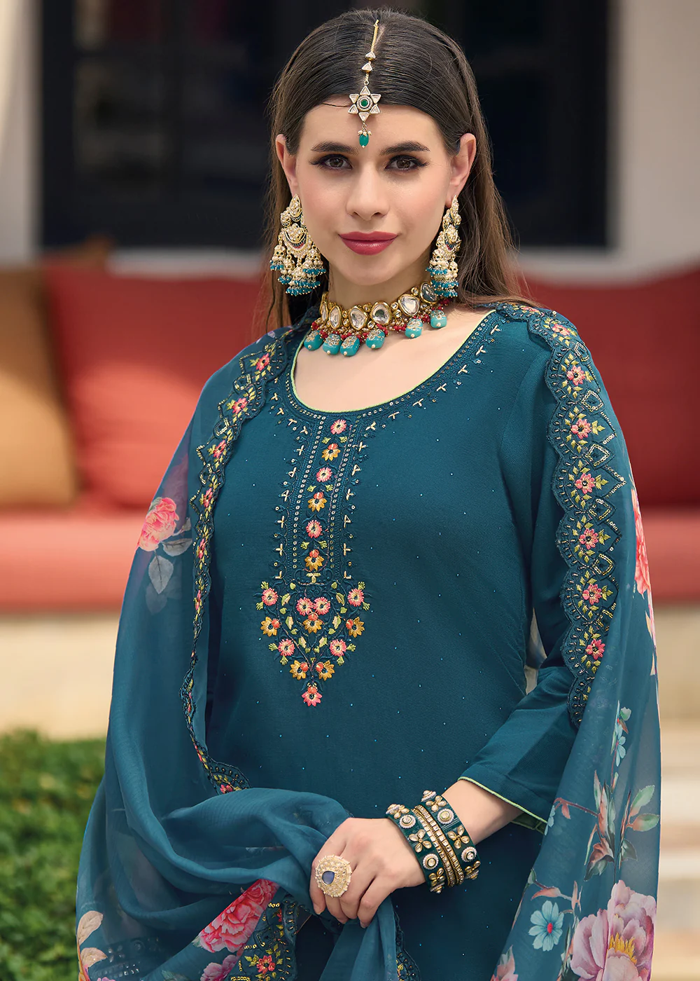 Viscose Silk Teal Blue Pakistani Pant Style Salwar Suit - Image 4