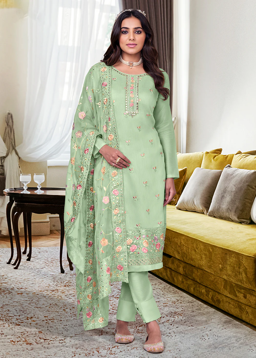 Viscose Silk Winsome Green Embroidered Salwar Kameez