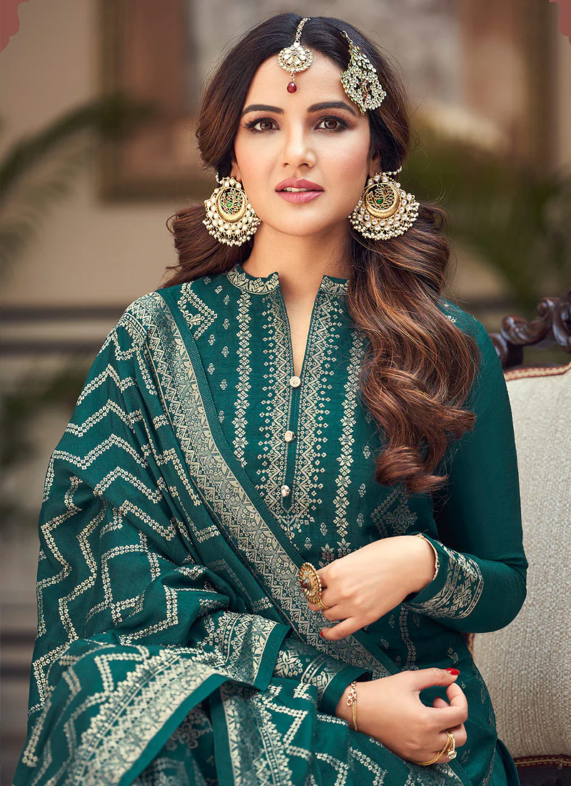 Viscose Teal Green Pakistani Style Embroidered Designer Suit - Image 2
