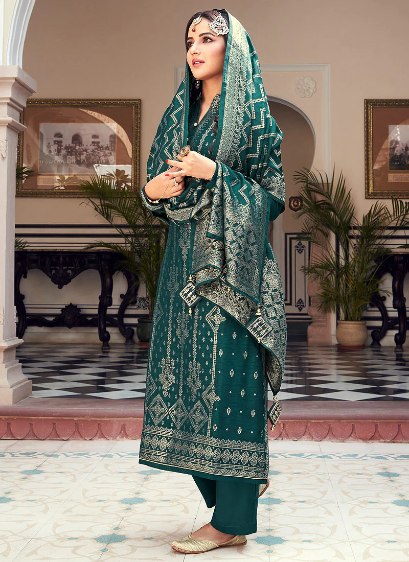 Viscose Teal Green Pakistani Style Embroidered Designer Suit - Image 3
