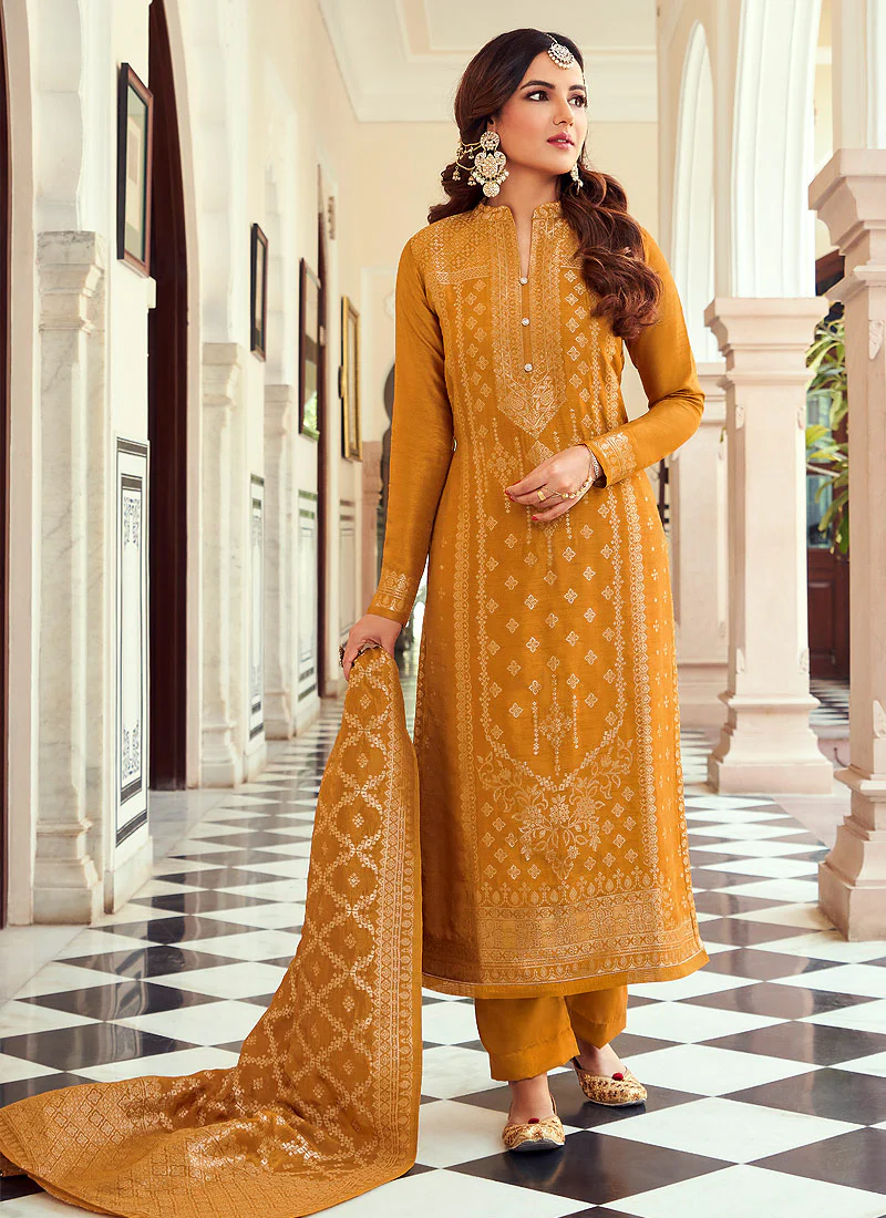 Viscose Yellow Pakistani Style Embroidered Designer Suit