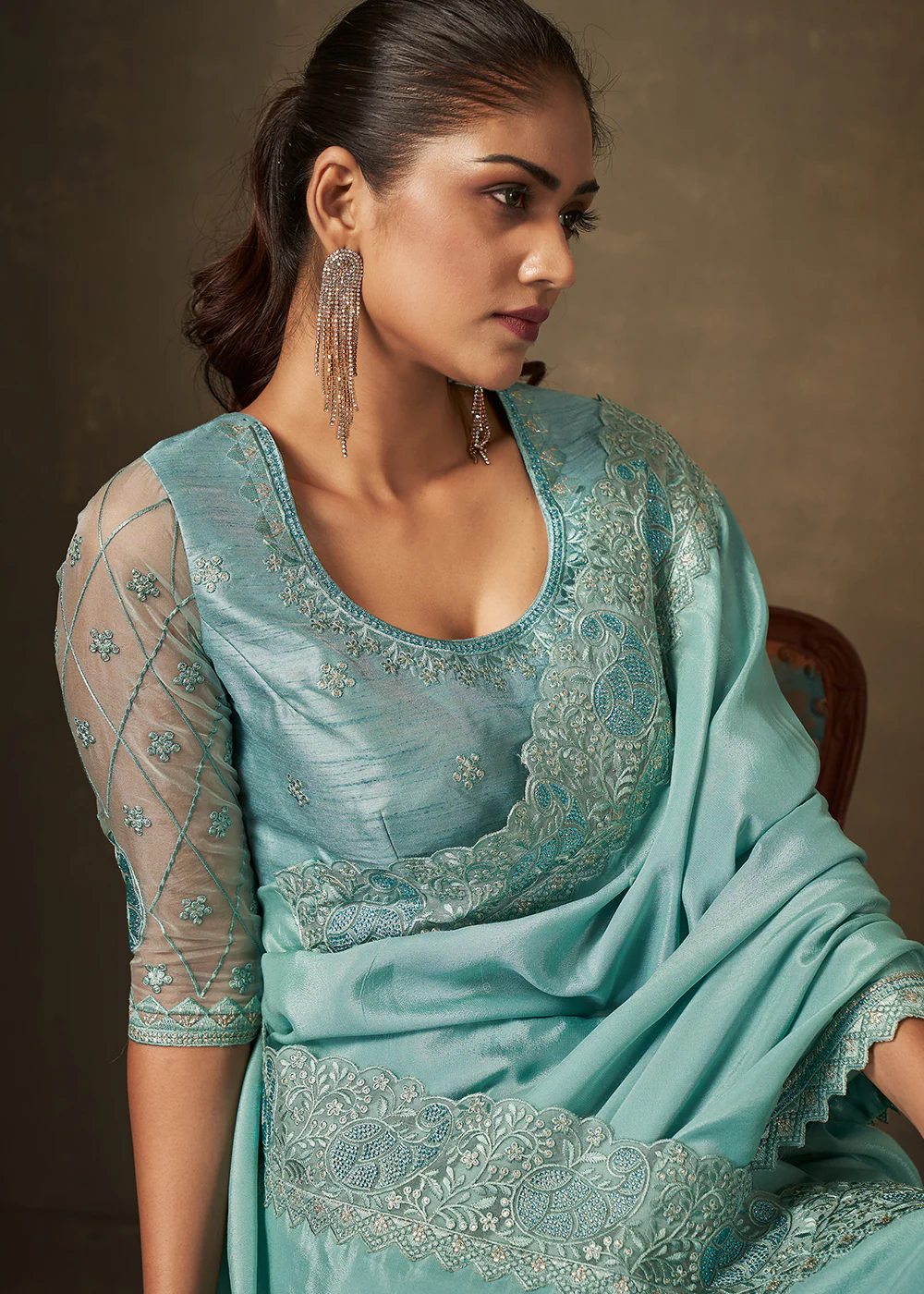 Vista Blue Crepe Georgette Silk Embroidered Designer Saree - Image 2