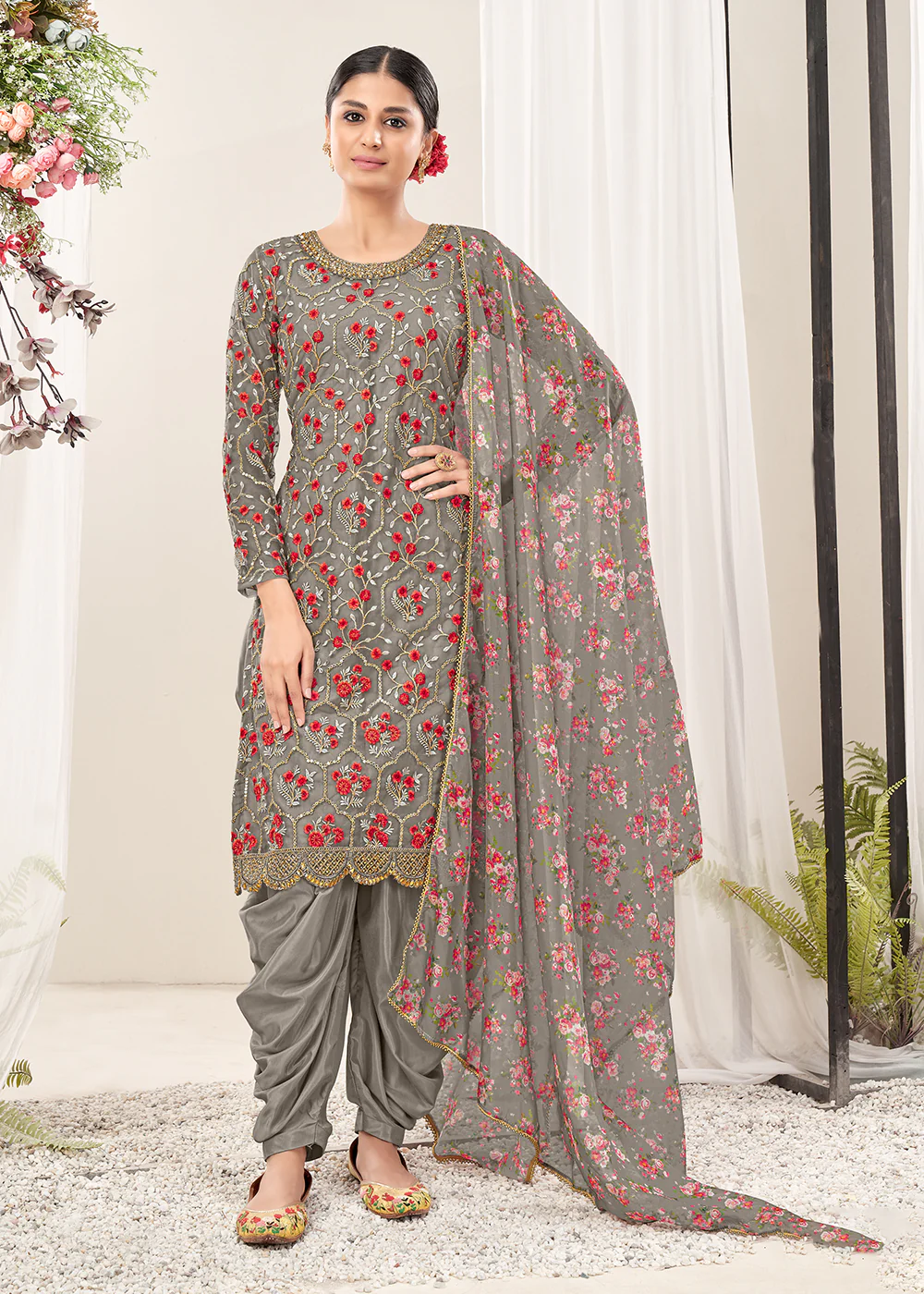 Vivid Grey Festive Look Net Patiala Salwar Suit - Image 3
