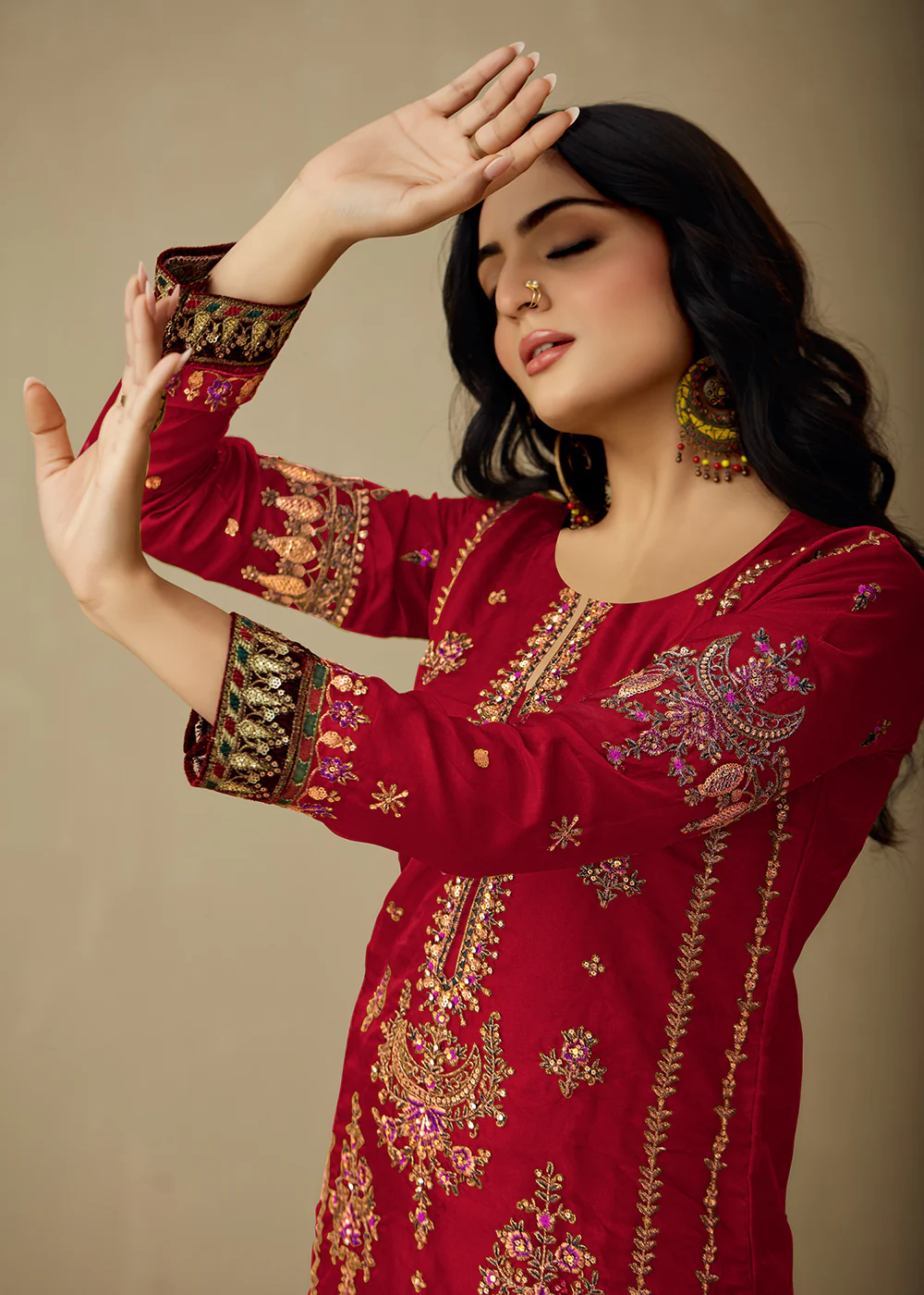 Vivid Red Organza Embroidered Traditional Salwar Kameez - Image 3