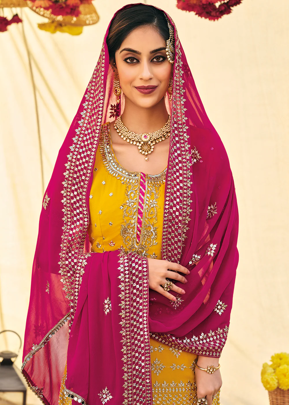 Vivid Yellow Zari & Mirror Embroidered Festive Sharara Suit - Image 2