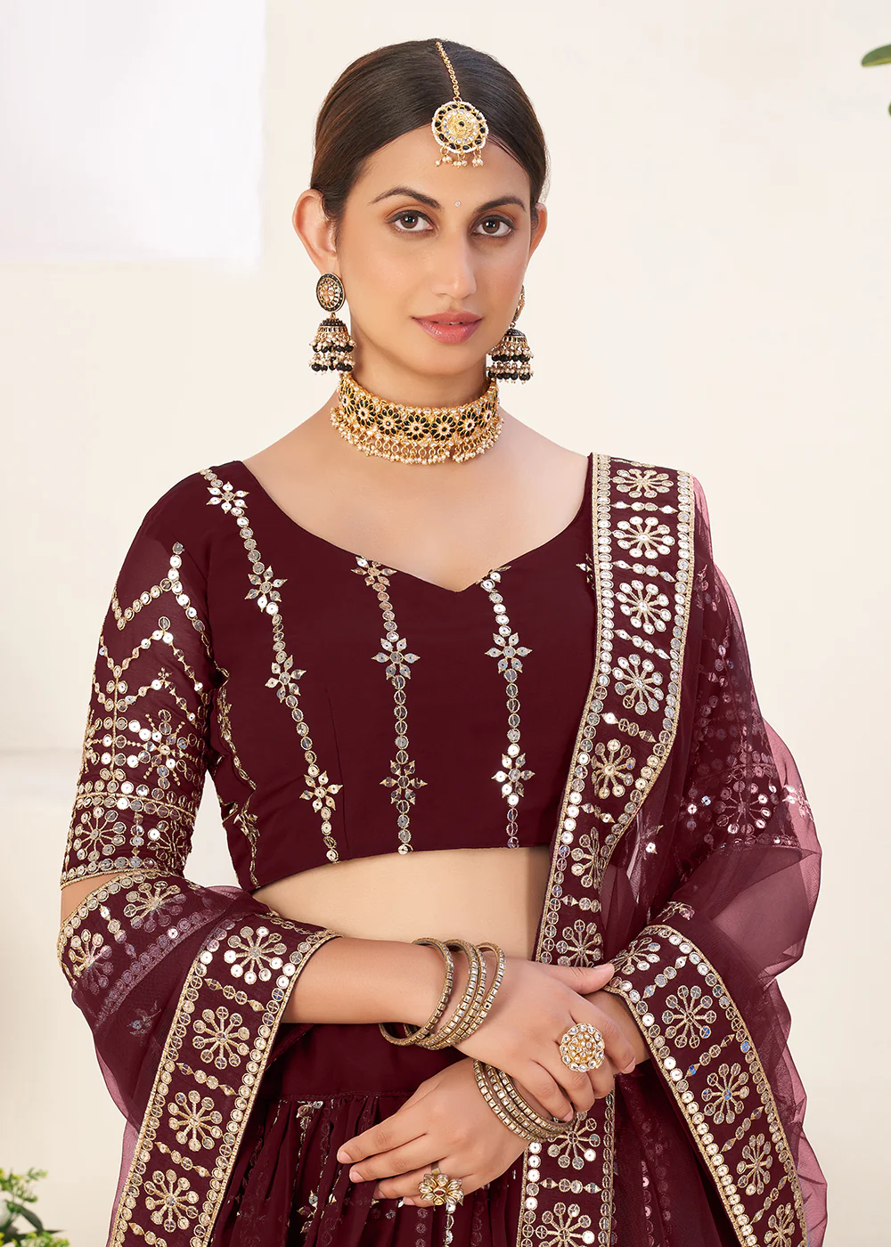 Warmful Maroon Bordered Sequins Sangeet Wear Lehenga Choli - Image 2