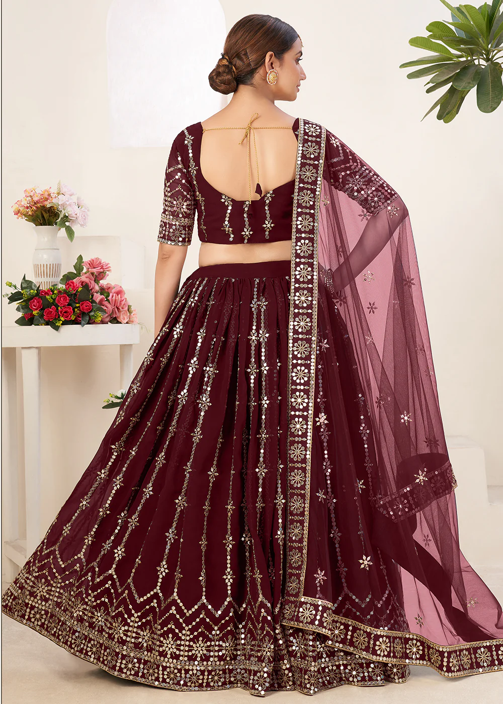 Warmful Maroon Bordered Sequins Sangeet Wear Lehenga Choli - Image 3