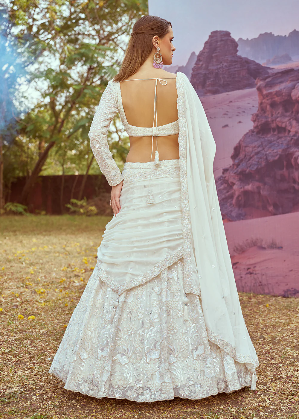 Wedding Cream Georgette Embroidered Designer Lehenga Choli - Image 3