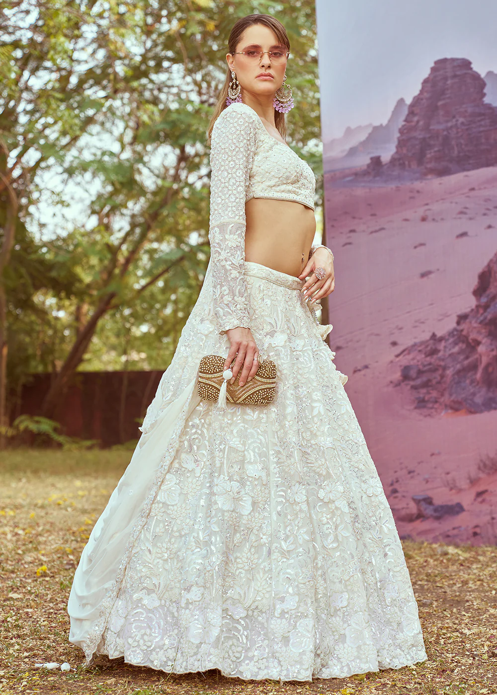 Wedding Cream Georgette Embroidered Designer Lehenga Choli - Image 4