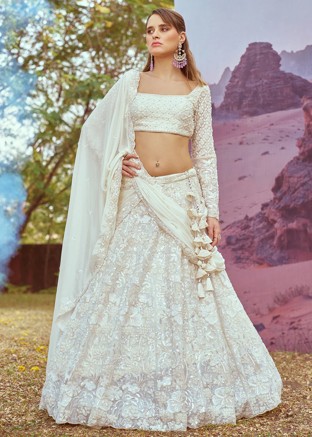 Wedding Cream Georgette Embroidered Designer Lehenga Choli - Image 5
