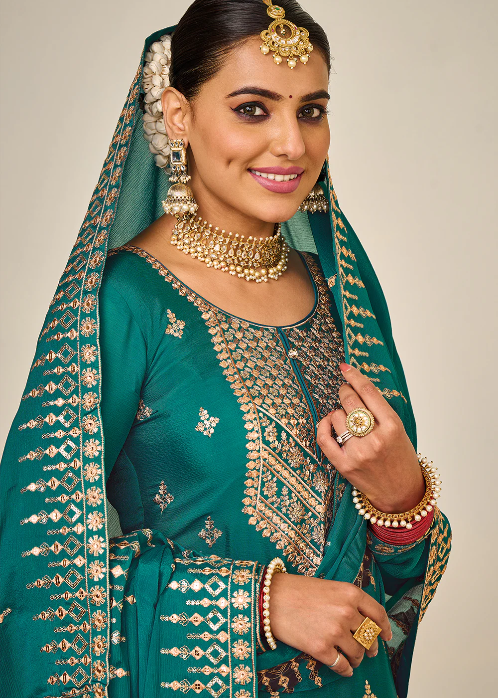 Wedding Festival Teal Embroidered Palazzo Salwar Suit - Image 2