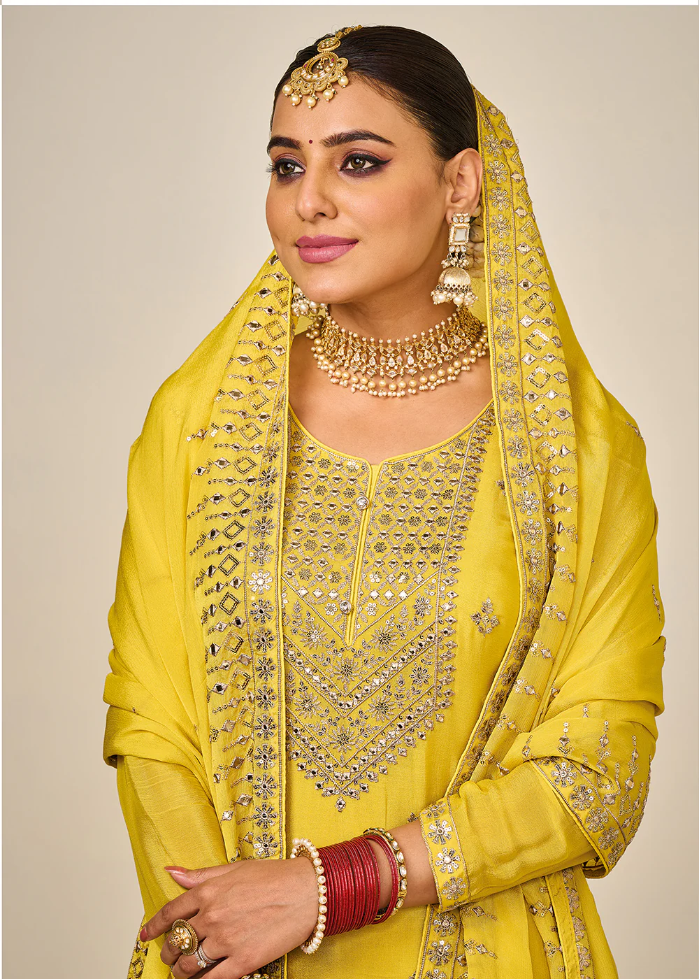 Wedding Festival Yellow Embroidered Palazzo Salwar Suit - Image 2