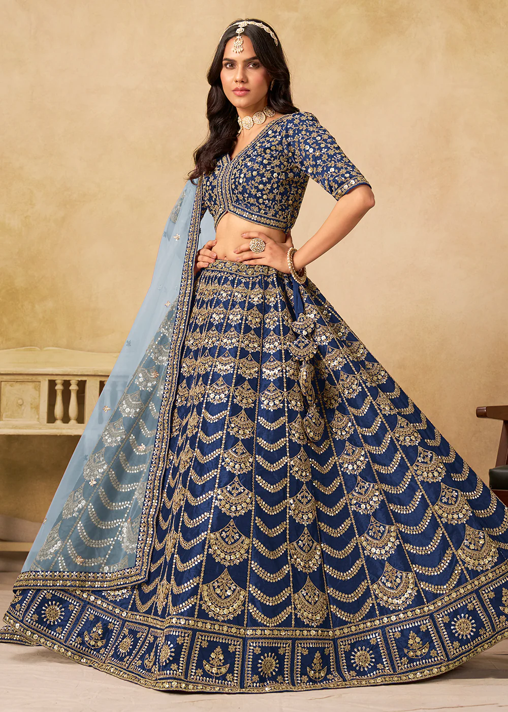 Wedding Festive Art Silk Blue Embroidered Lehenga Choli