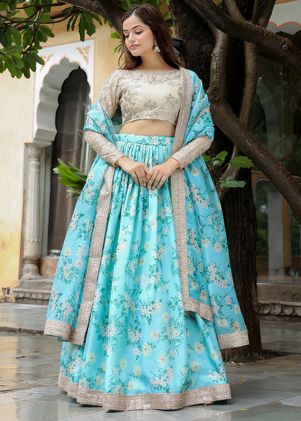 Wedding Festive Blue & Beige Embroidered Trendy Lehenga Choli - Image 6