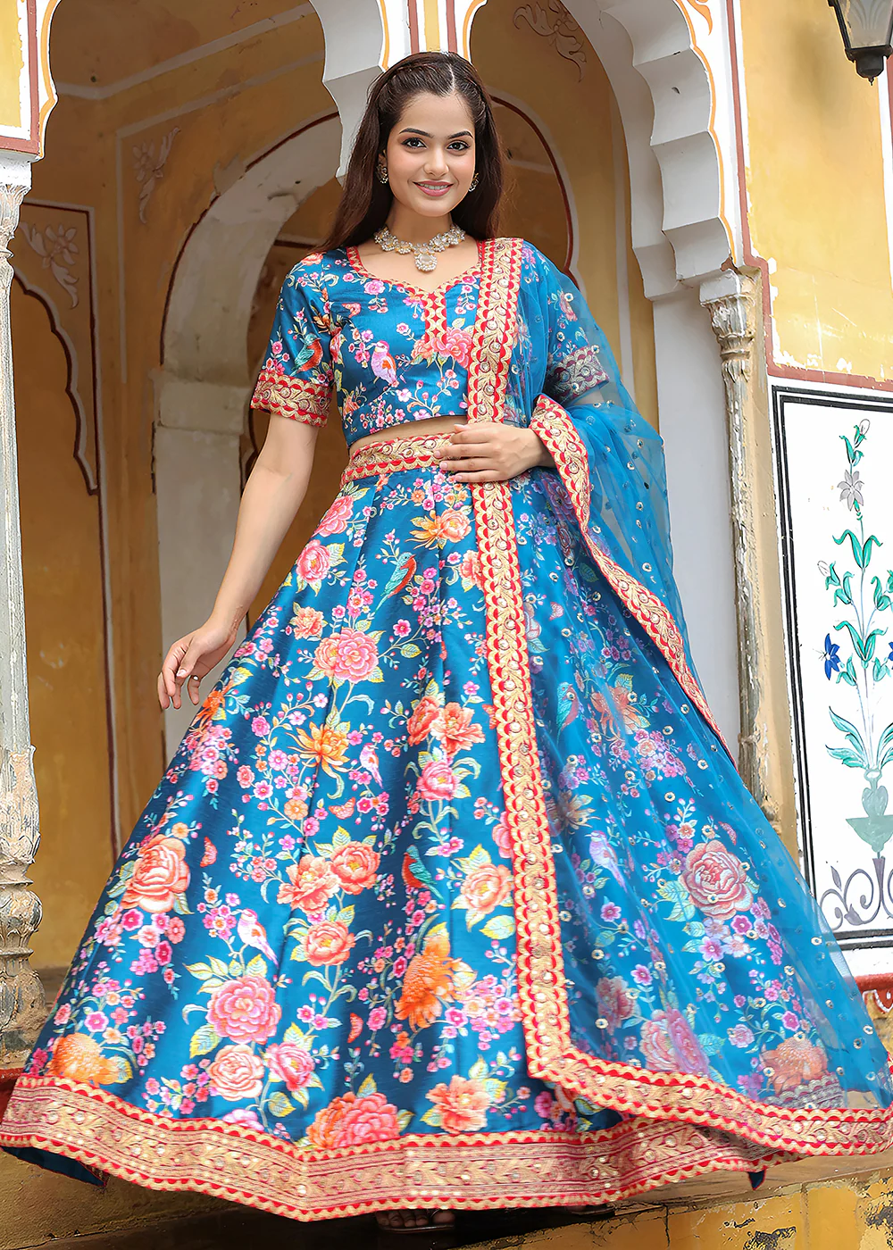Wedding Festive Blue Embroidered Trendy Lehenga Choli - Image 6
