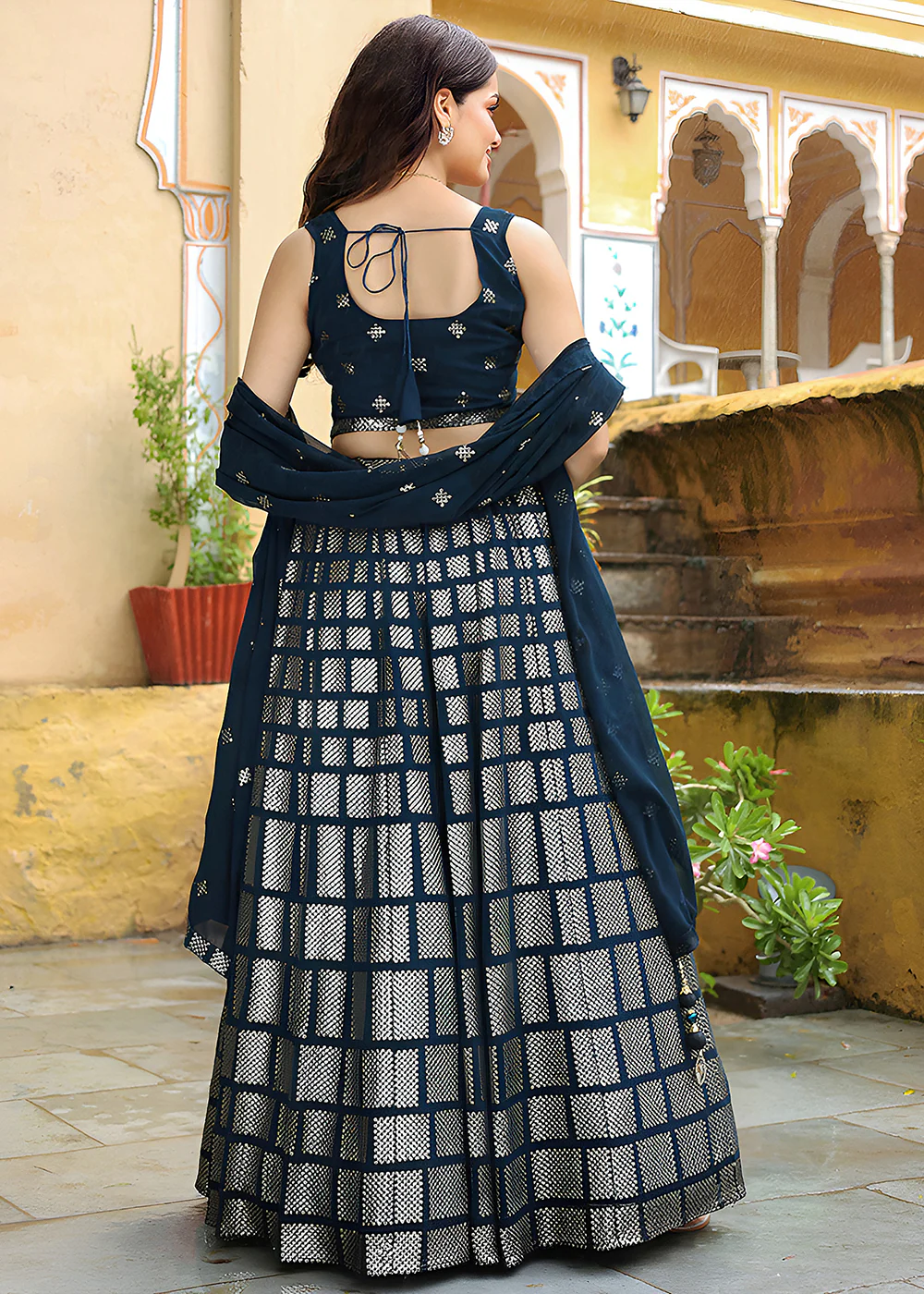Wedding Festive Dark Blue Embroidered Trendy Lehenga Choli - Image 3