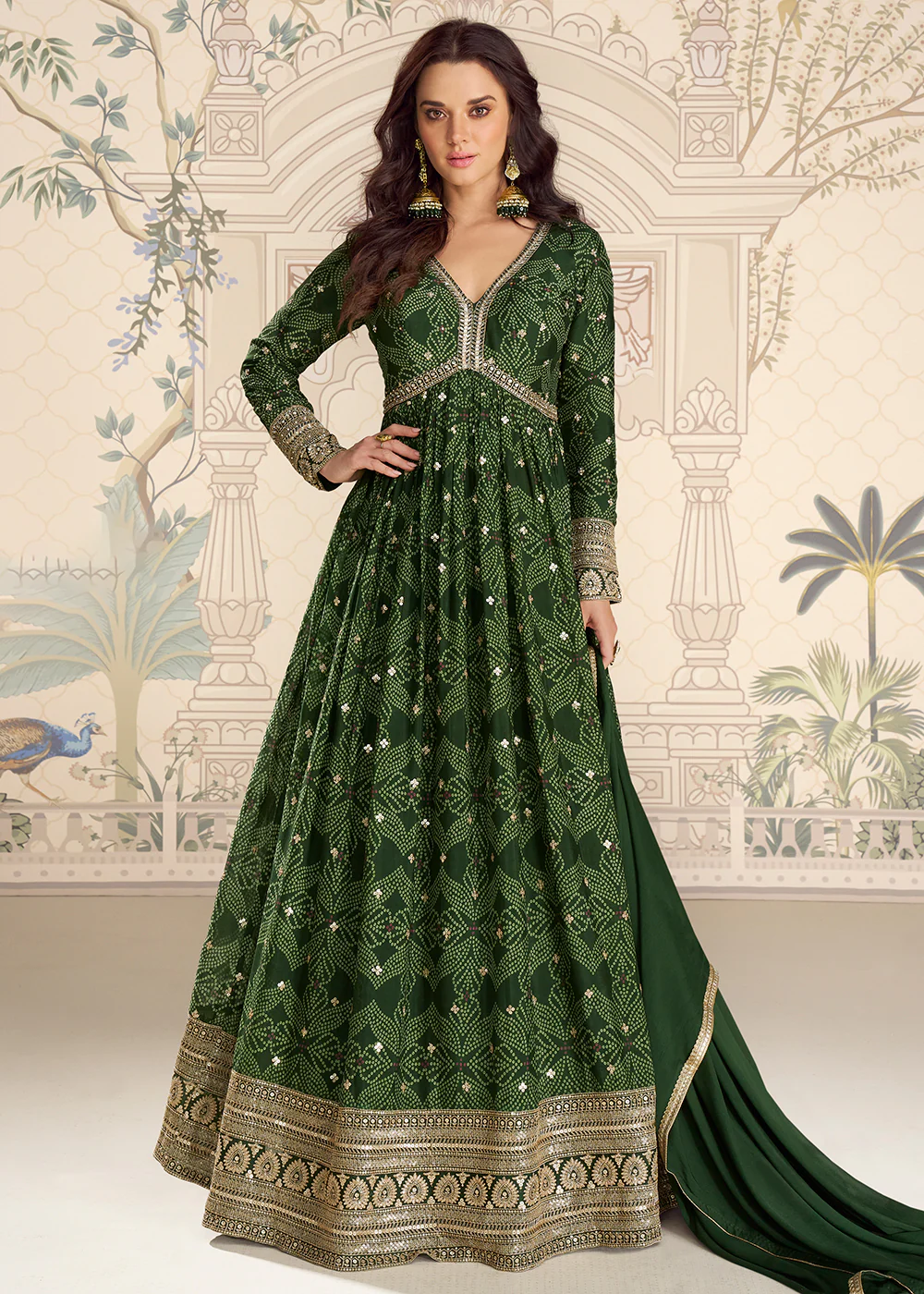 Wedding Festive Digital Printed Green Anarkali Gown