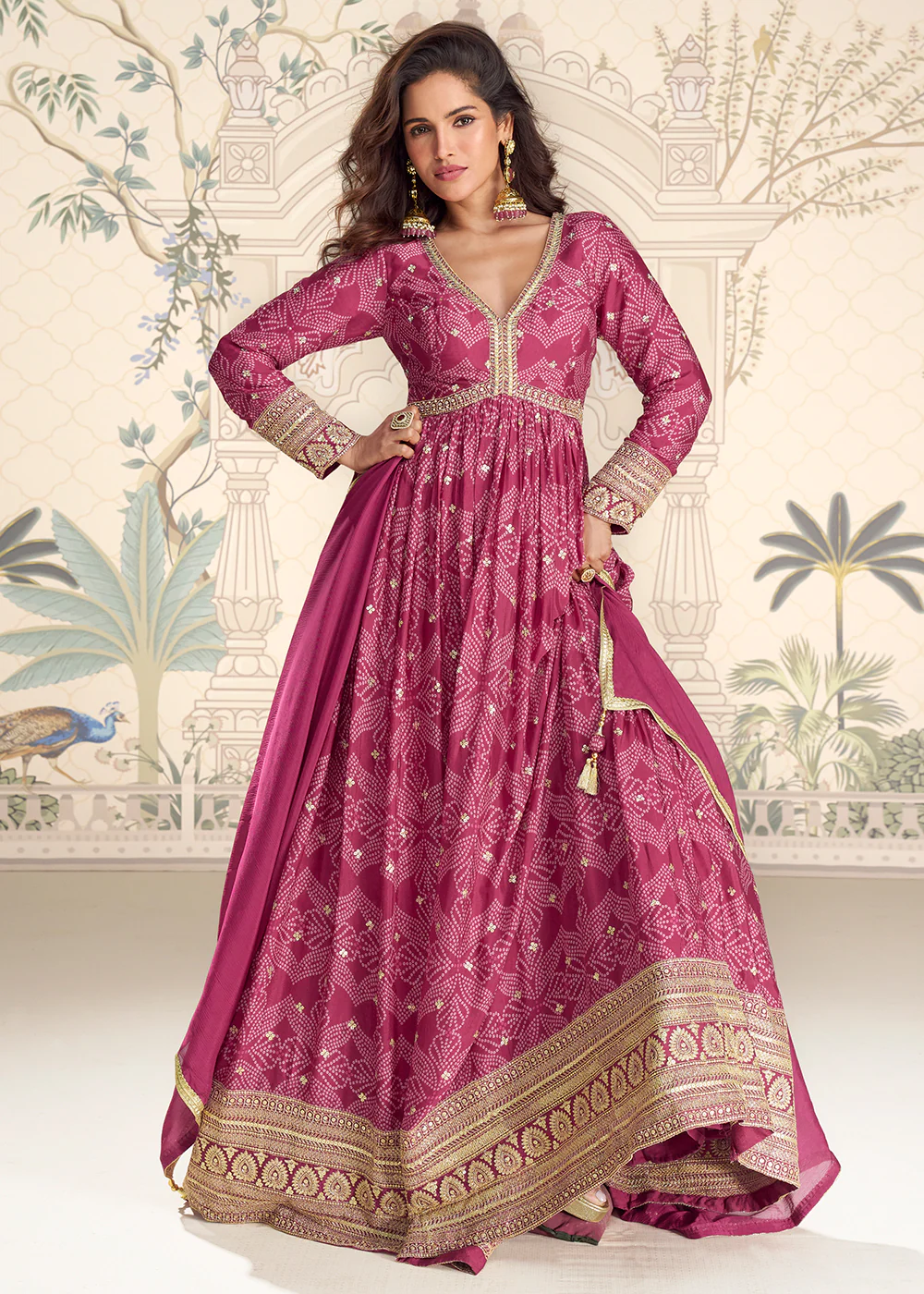 Wedding Festive Digital Printed Pink Anarkali Gown