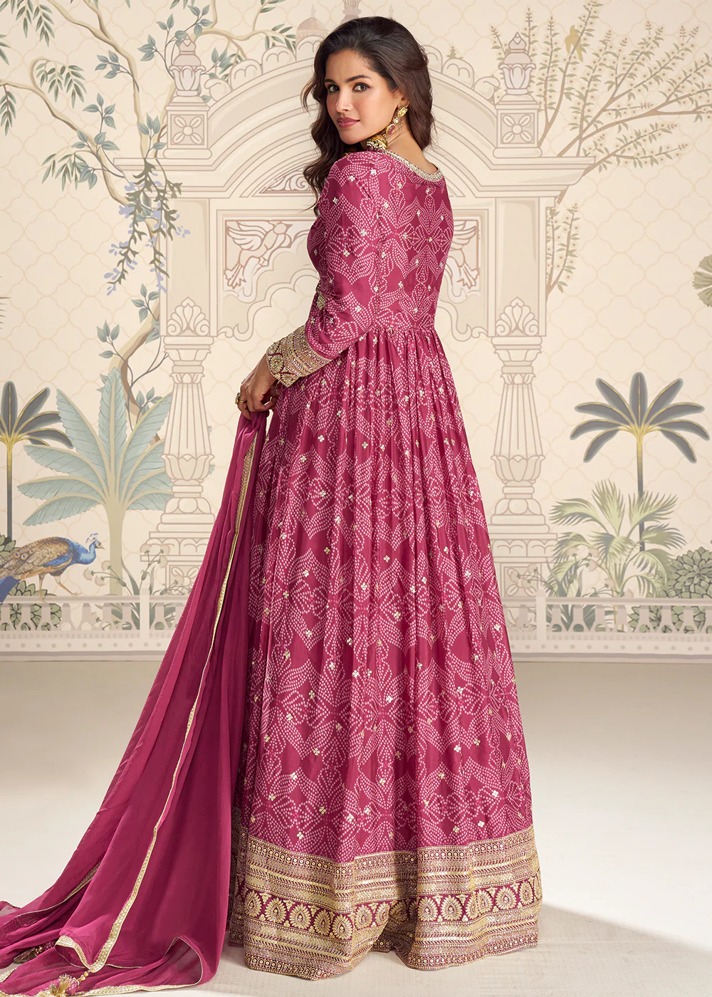 Wedding Festive Digital Printed Pink Anarkali Gown - Image 3
