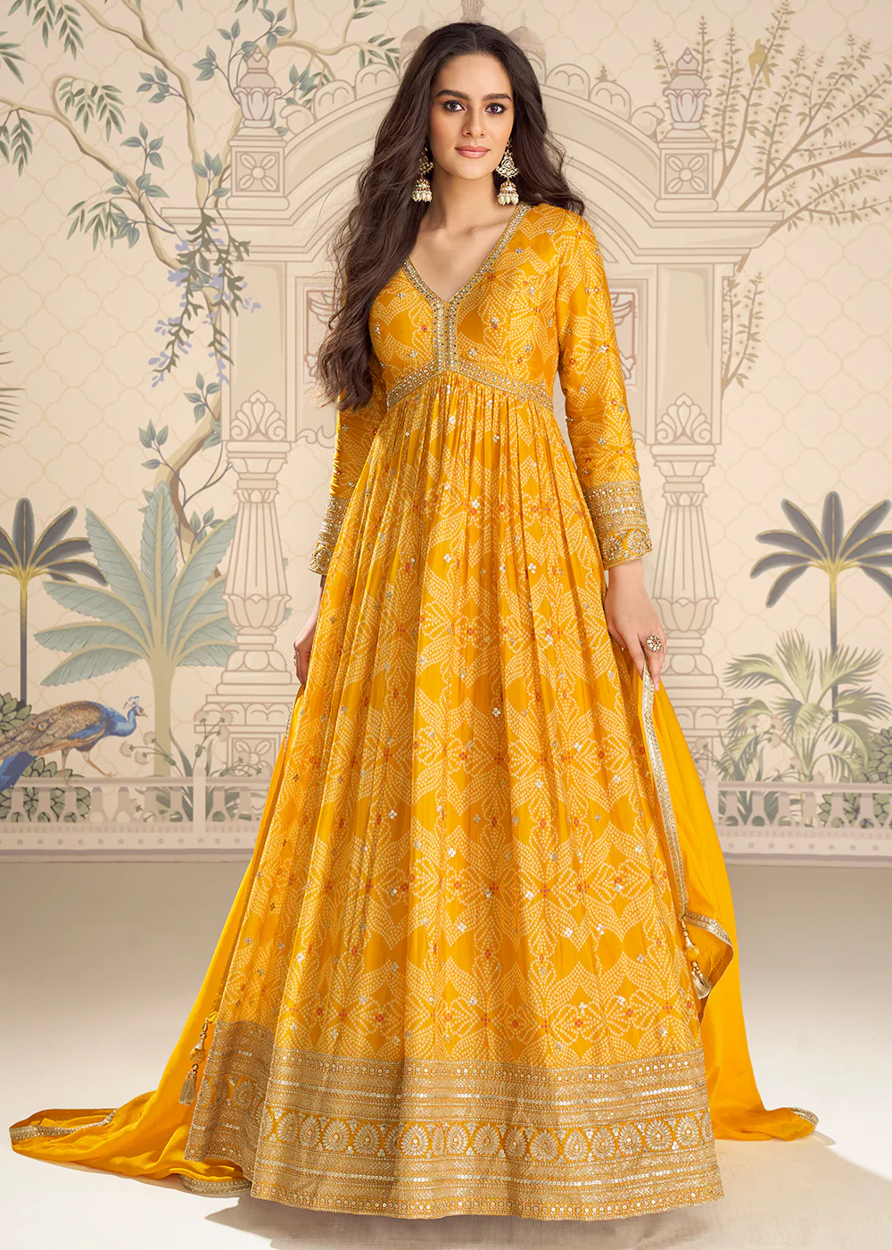 Wedding Festive Digital Printed Yellow Anarkali Gown