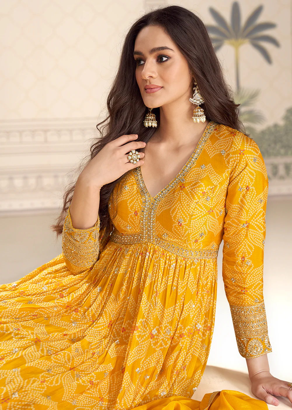 Wedding Festive Digital Printed Yellow Anarkali Gown - Image 2