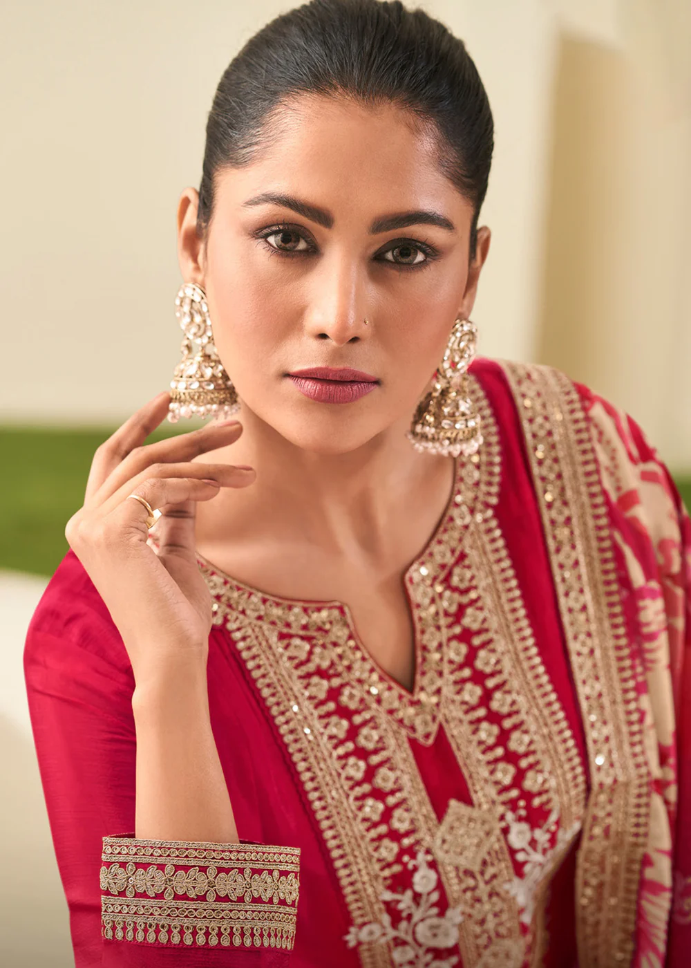Wedding Festive Hot Pink Embroidered Palazzo Suit - Image 2