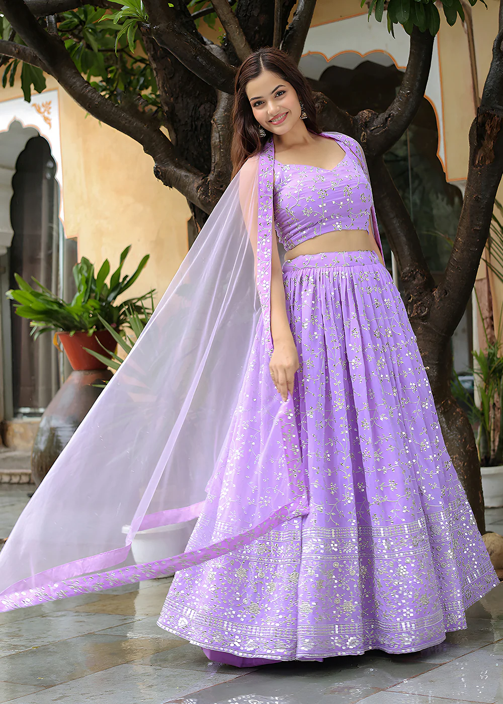 Wedding Festive Lavender Embroidered Trendy Lehenga Choli - Image 5