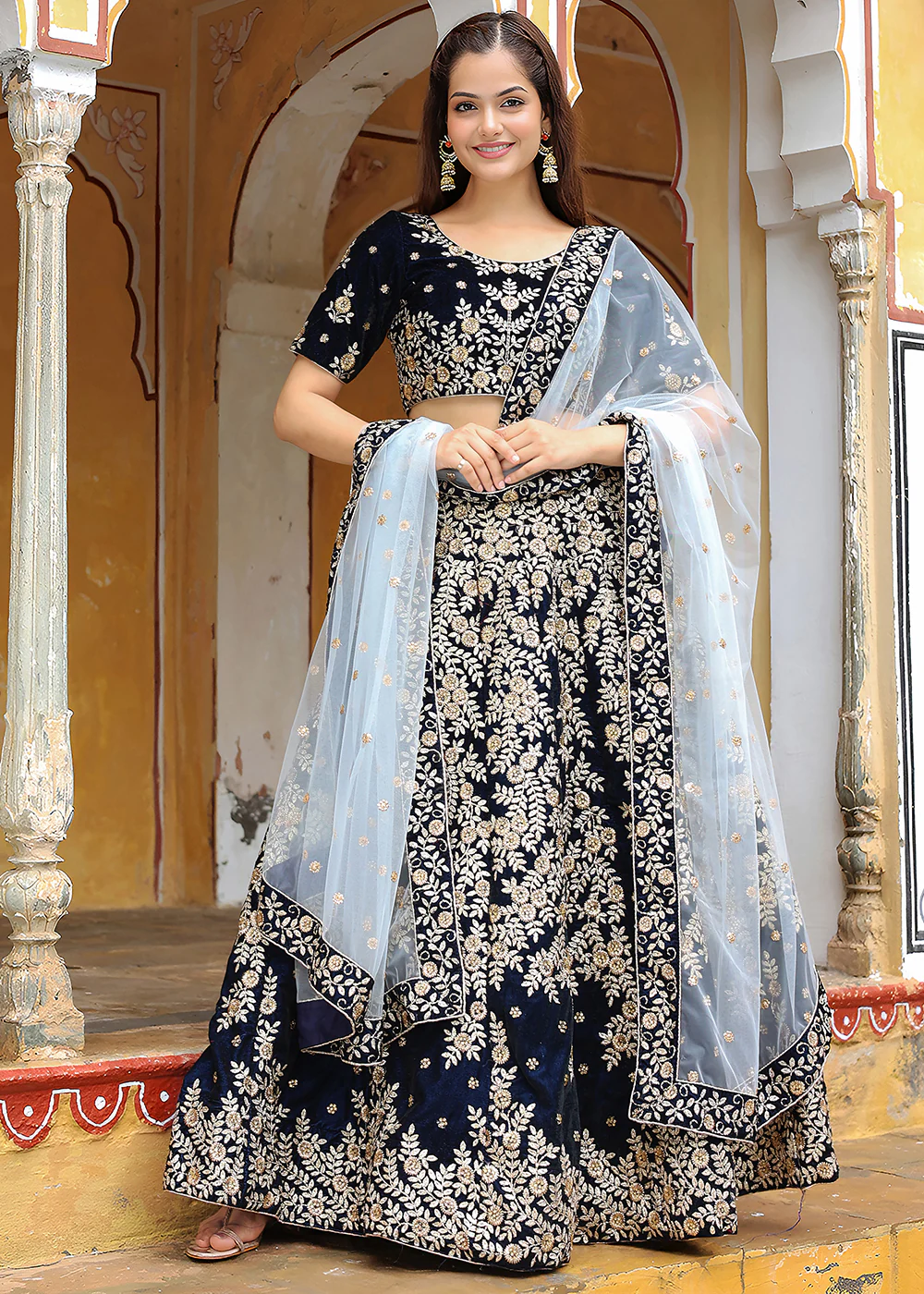 Wedding Festive Navy Blue Embroidered Trendy Lehenga Choli