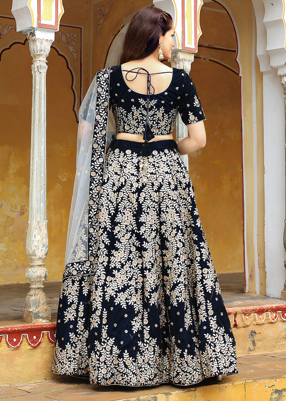 Wedding Festive Navy Blue Embroidered Trendy Lehenga Choli - Image 3