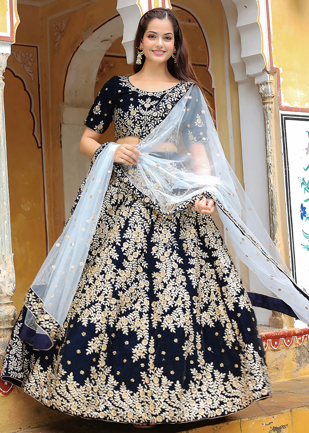 Wedding Festive Navy Blue Embroidered Trendy Lehenga Choli - Image 4