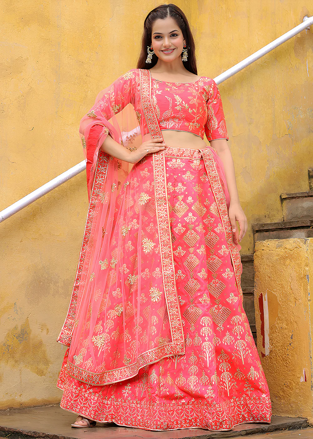 Wedding Festive Peach Embroidered Trendy Lehenga Choli