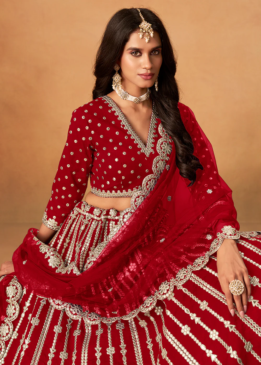 Wedding Festive Red Embroidered Lehenga Choli - Image 2