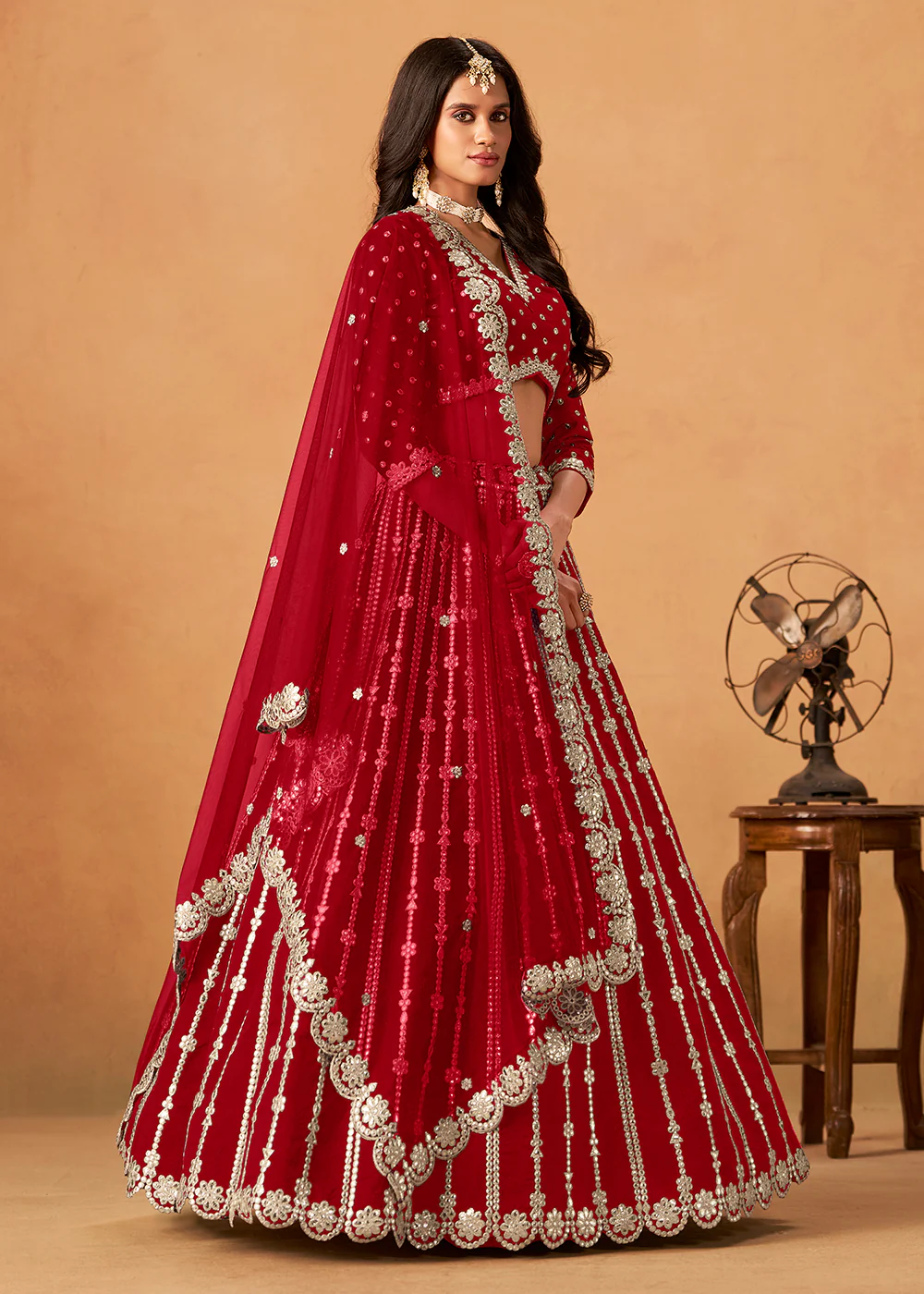 Wedding Festive Red Embroidered Lehenga Choli - Image 5