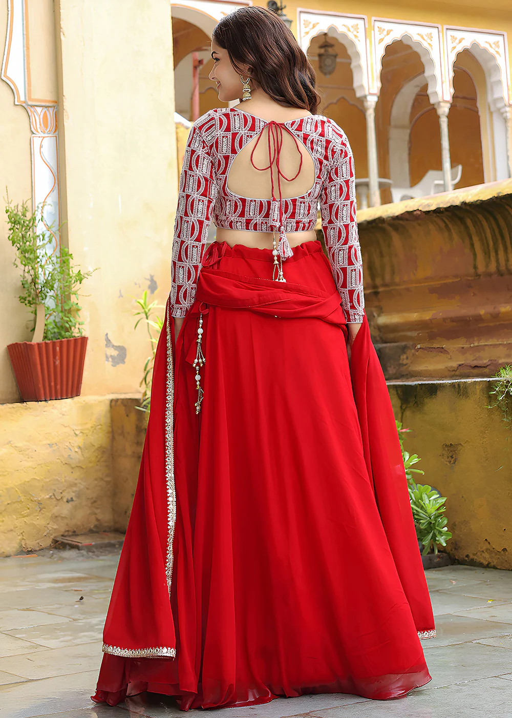 Wedding Festive Red Embroidered Trendy Lehenga Choli - Image 3