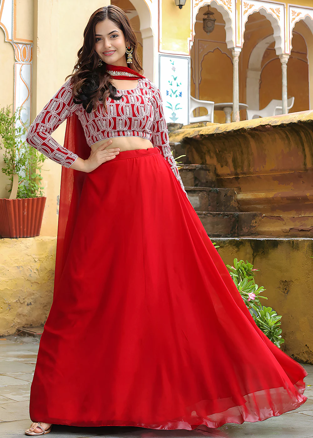 Wedding Festive Red Embroidered Trendy Lehenga Choli - Image 4