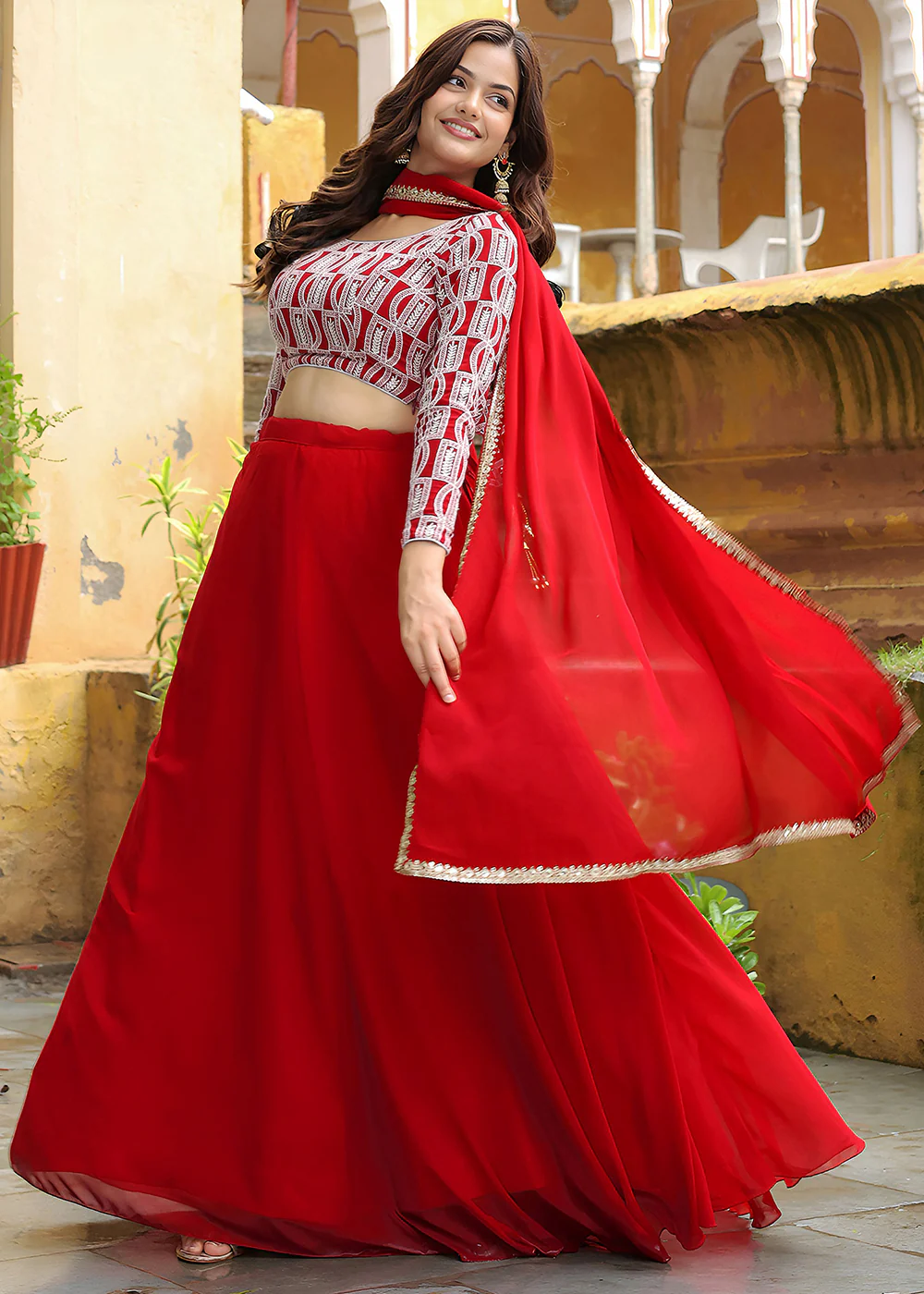 Wedding Festive Red Embroidered Trendy Lehenga Choli - Image 5