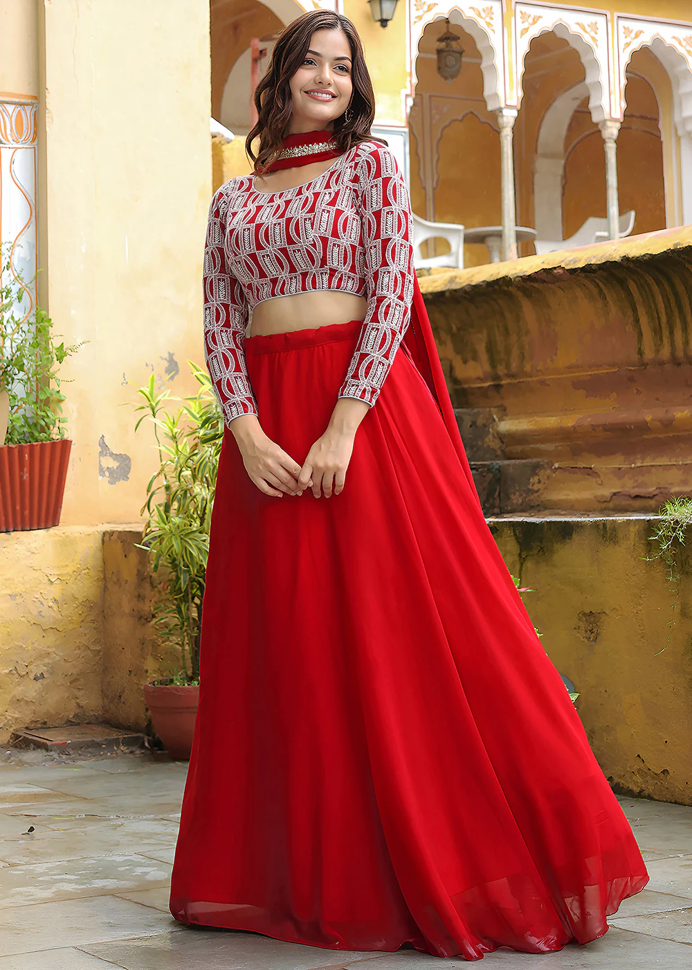 Wedding Festive Red Embroidered Trendy Lehenga Choli - Image 7