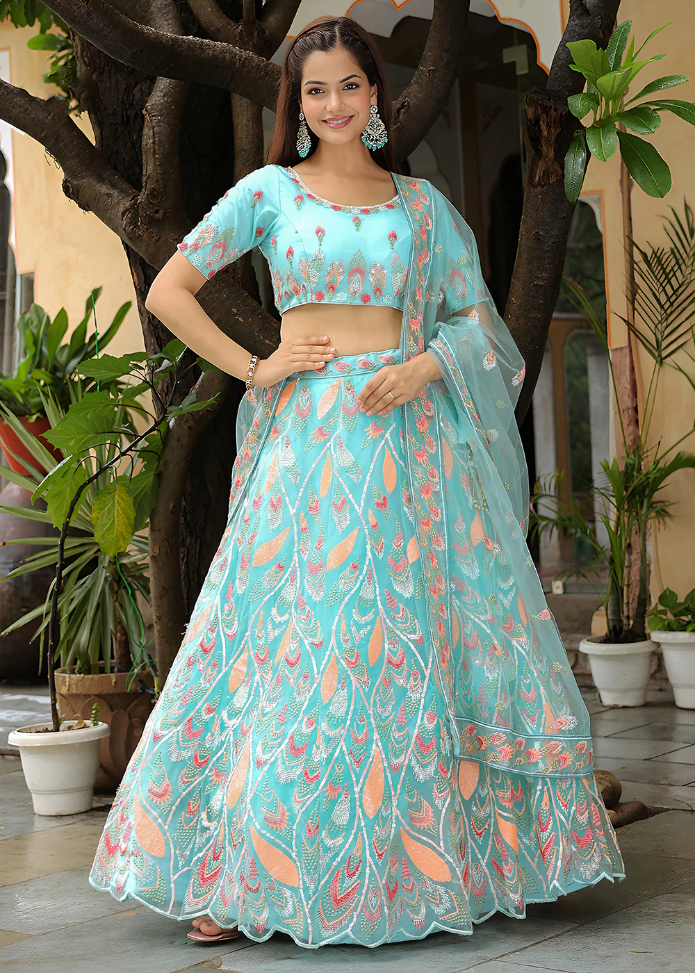 Wedding Festive Sky Blue Embroidered Trendy Lehenga Choli