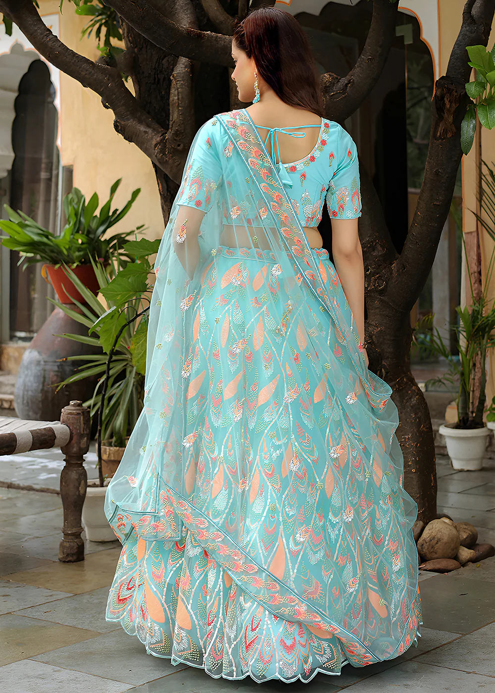 Wedding Festive Sky Blue Embroidered Trendy Lehenga Choli - Image 3