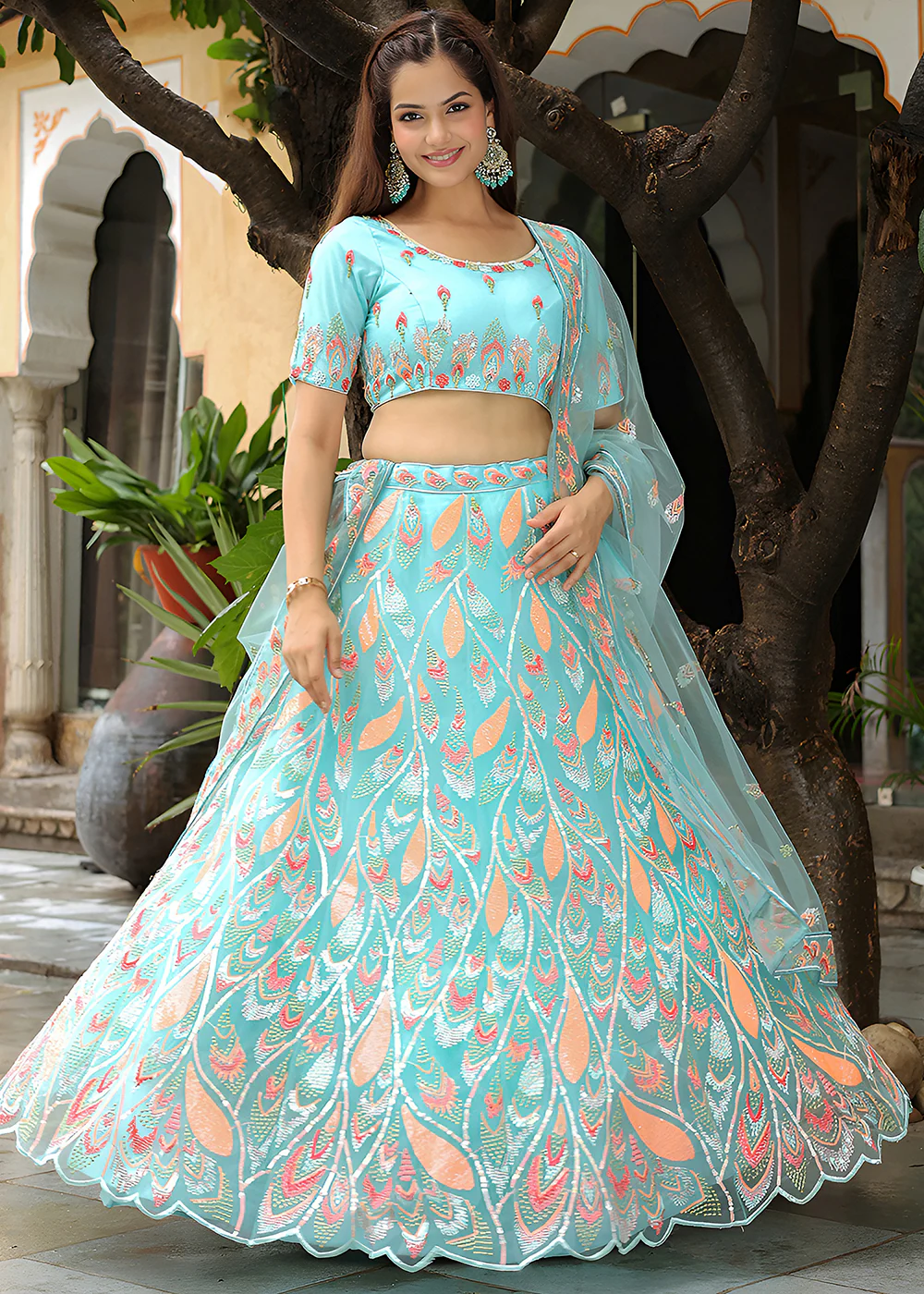 Wedding Festive Sky Blue Embroidered Trendy Lehenga Choli - Image 4