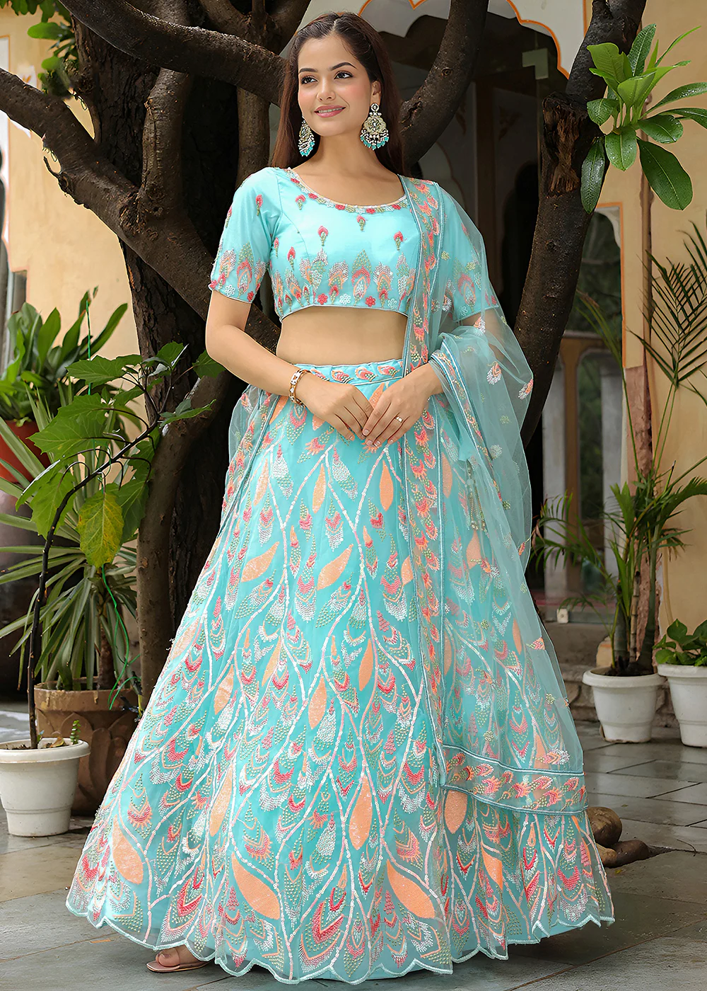 Wedding Festive Sky Blue Embroidered Trendy Lehenga Choli - Image 7
