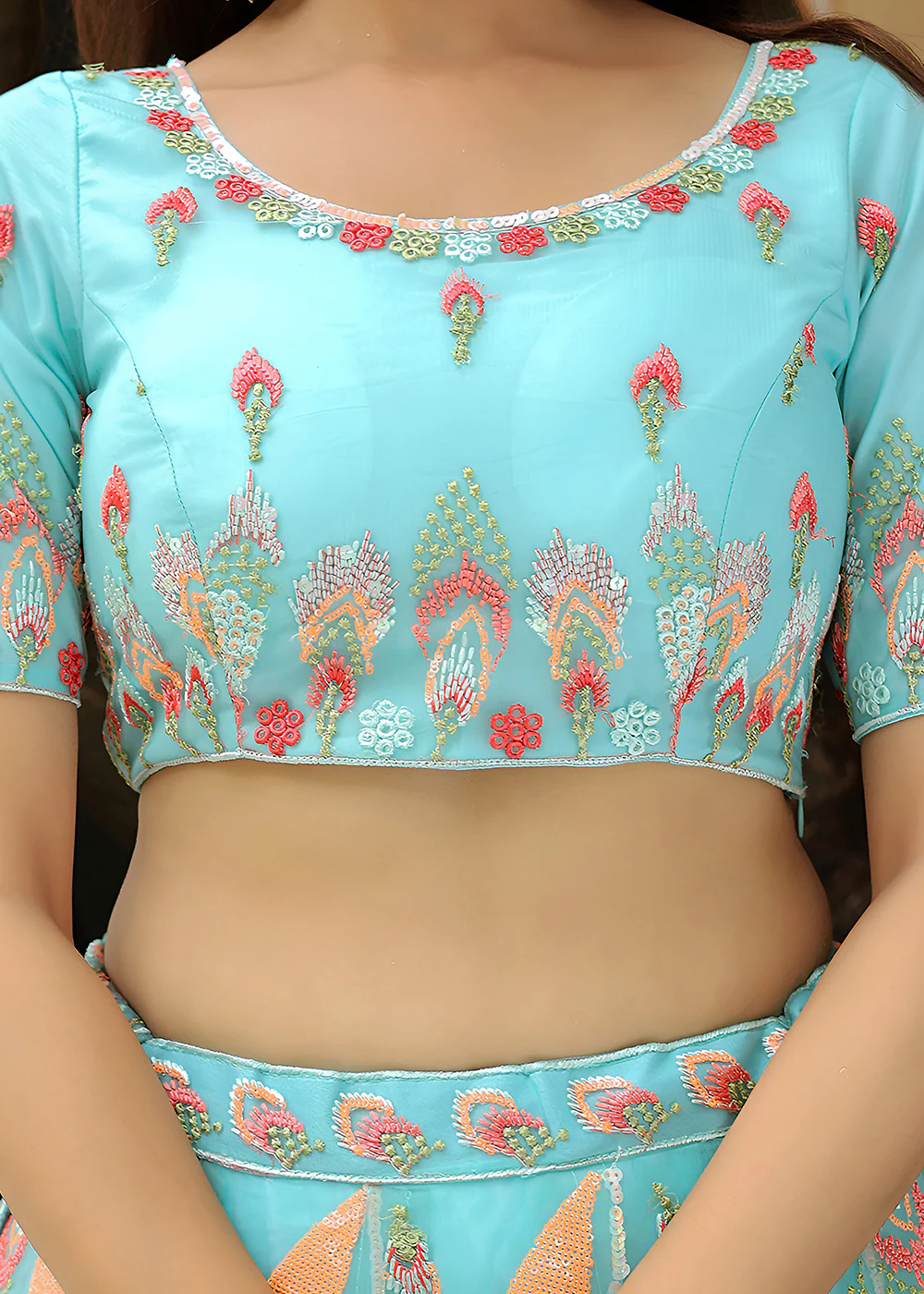 Wedding Festive Sky Blue Embroidered Trendy Lehenga Choli - Image 8